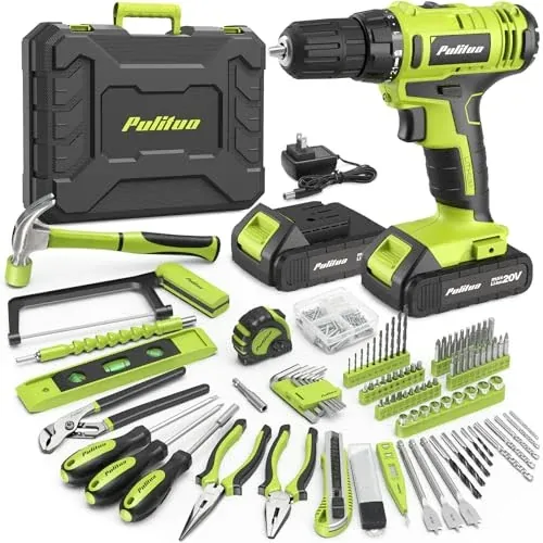 PULITUO 199-Piece 20V Cordless Drill & Home Tool Set with 2 Batteries