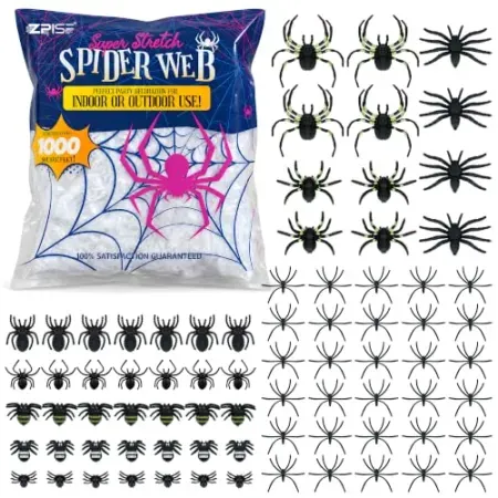 1000 sq. ft Fake Spider Web Halloween Decor + 77 Plastic Spiders