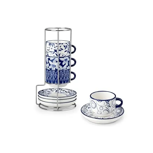 Vancasso Porcelain Stackable Cups & Saucers Set 4-Count 2.5-Oz