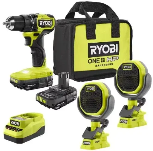 RYOBI ONE+ HP 18V Brushless Cordless Compact 1/2 in. Drill/Driver Kit w/ (2) Batteries, Charger, & Cordless Clamp Speaker 2-Pack