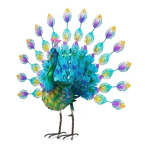 Glitzhome Metal Peacock Tail Spread Garden Statue with Stakes Outdoor Decoration 28.75" W