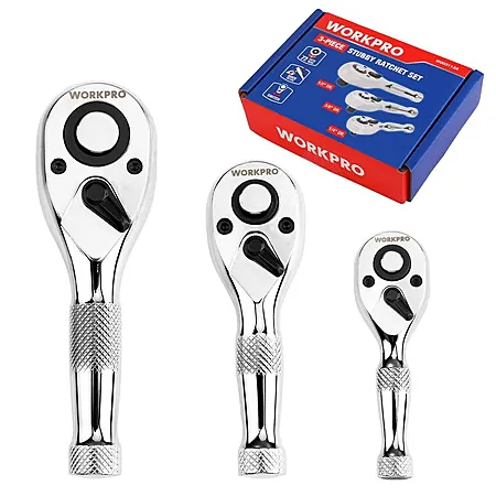 3-Piece WORKPRO Stubby Ratchet Set (1/4", 3/8", 1/2")