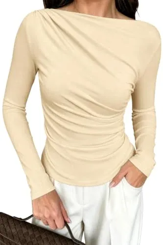 PINKMSTYLE Long Sleeve Ruched Boat Neck Top