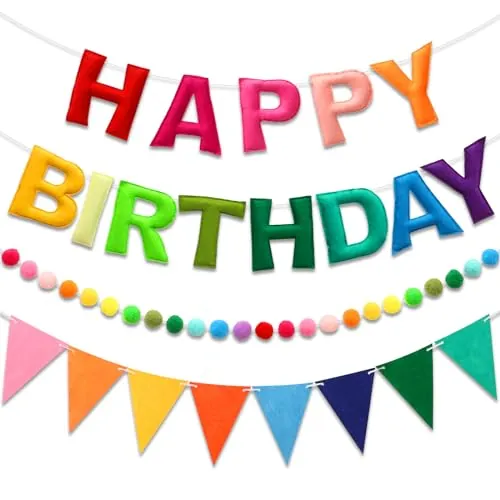 LITAUS Pre-Strung Felt Happy Birthday Banner Rainbow Garland Set