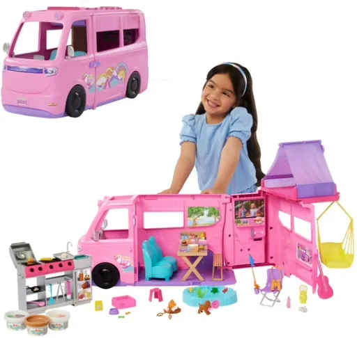 Barbie Dream Camper Playset with Roof Tent, BBQ Grill with Color-Change Feature & 60+ Accessories