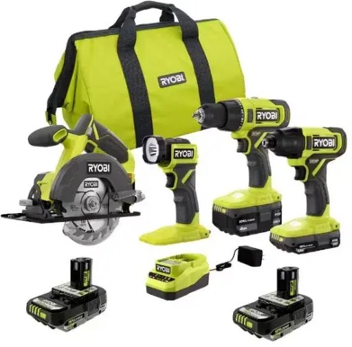 RYOBI ONE+ 18V Cordless 4-Tool Combo Kit w/ 1.5 Ah Battery, 4.0 Ah Battery, & Charger w/ (2) 2.0 Ah HIGH PERFORMANCE Batteries