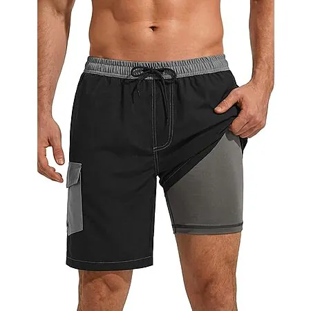 SILKWORLD Men’s 9" Swim Trunks w/ Compression Liner & Zipper Pockets (Various)