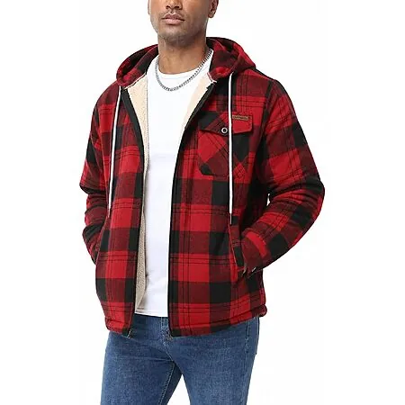 ZITY Men's Flannel Shirt Jacket Plaid Cotton Hoodie Coat