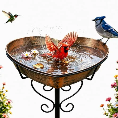 Goodeco Metal Heart Bird Bath 2.17" Deep 12.1" Easy-Clean Removable Bowl