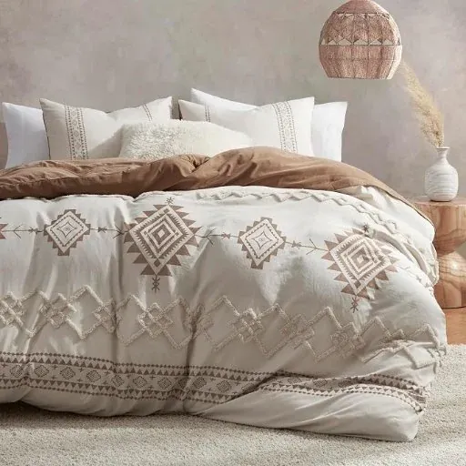 Boho Queen Duvet Cover Set, Beige; Terracotta, 3 Pieces