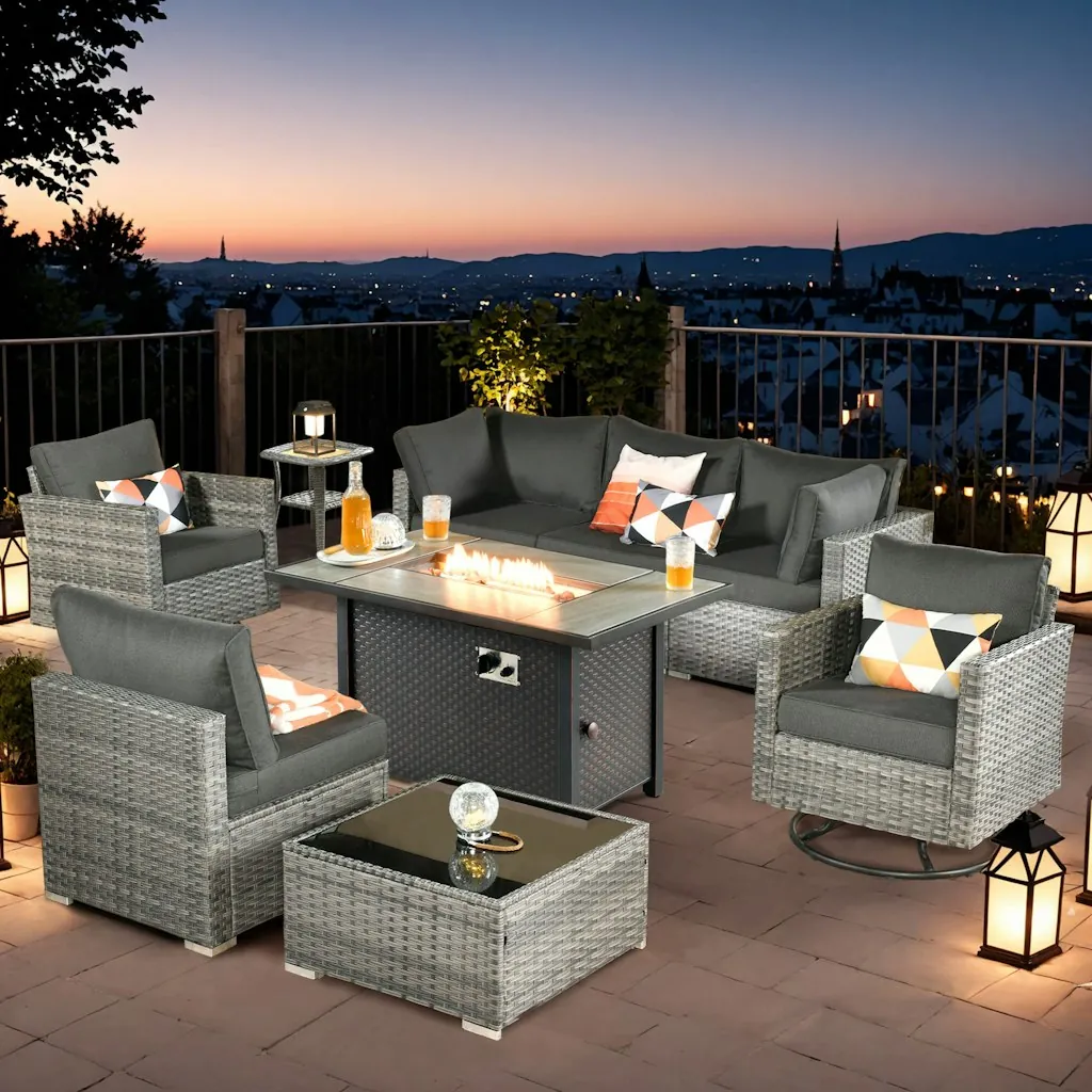 Toject 9-Piece Wicker Outdoor Patio Conversation Sofa Sectional Set w/ 42" Metal Fire Pit & Black Cushions