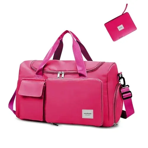 WOOMADA Foldable Weekender Duffel Bag w/ Shoe Compartment & Wet Pocket (Rose Red)