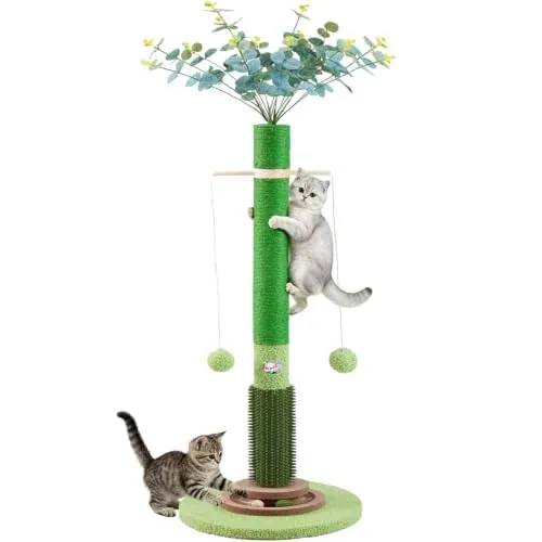 40'' Couner Sisal Cat Scratching Post Tree w/ Artificial Flower Topper, Self Groomer and Ball Toys