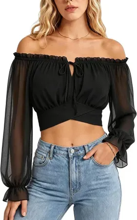 Scarlet Darkness Women's Off-Shoulder Lantern Sleeve Crop Blouse