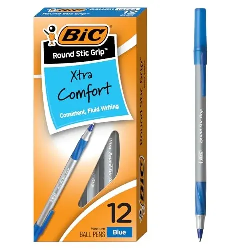 BIC Round Stic Grip Xtra Comfort Ballpoint Pen, Blue Ink 12-Count