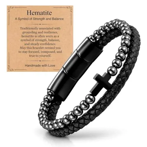 Natural Hematite Bracelet with Black Leather Cross