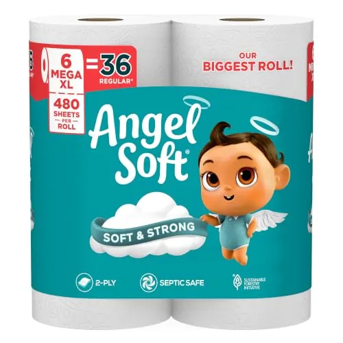 Angel Soft 2 Ply Toilet Paper Tissues, 6 Super Mega Rolls