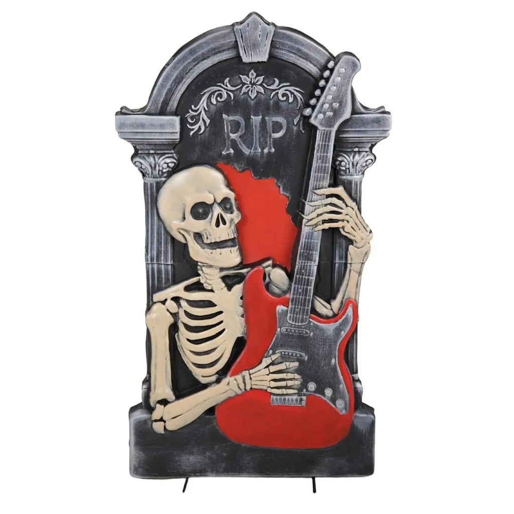 Haunted Hill Farm 3-Ft. Tombstone Skeleton w/ Guitar Animatronic