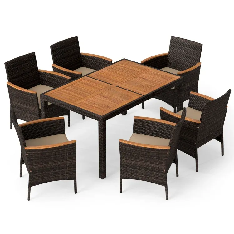 Costway 7-Piece Patio Rattan Dining Set w/ Acacia Wood Table & 6x Cushioned Chairs