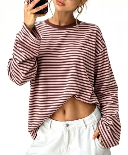 Sampeel Women's Long Sleeve Oversized Striped/Solid T-Shirt