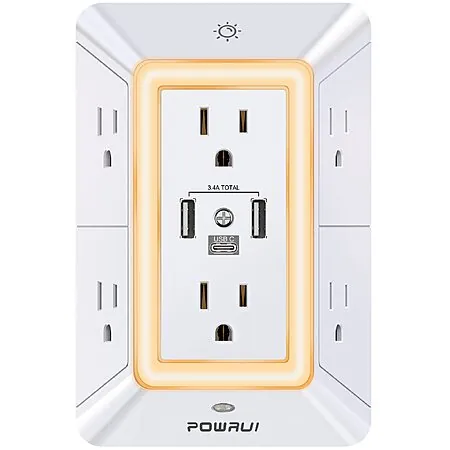 6-Outlet POWRUI 1680J Wall Extender w/ Night Light & 3x USB Ports