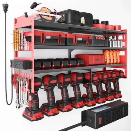 OLIXIS Wall-Mount Power Tool Organizer w/ 4-Outlet Charging Station