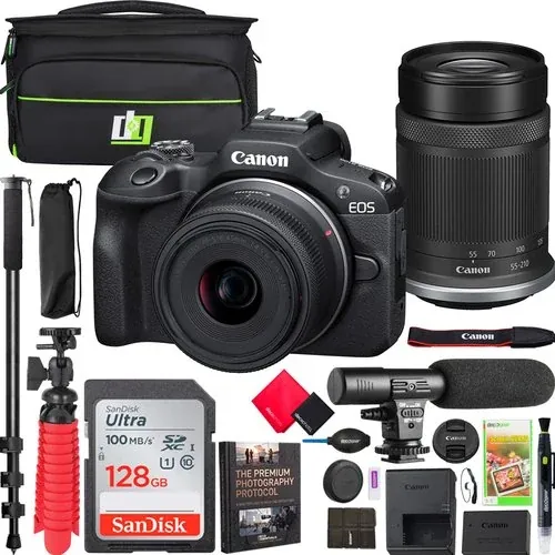 Canon EOS R100 Mirrorless Camera with 18-45mm & 55-210mm Dual Lens Kit Pro Bundle