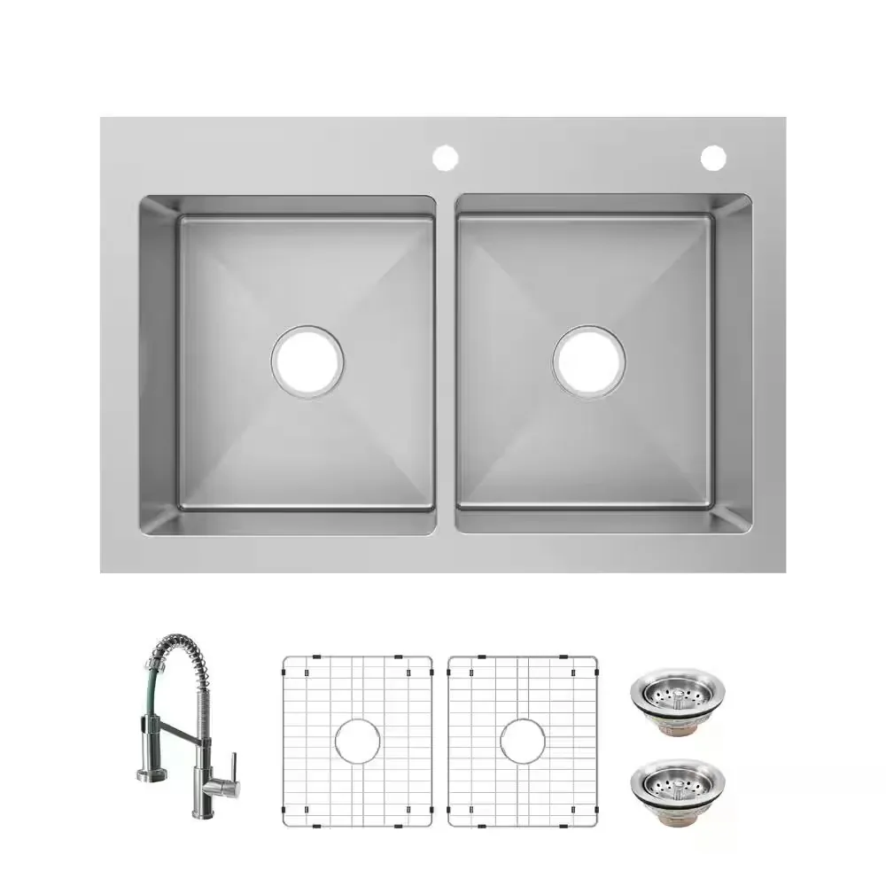 Glacier Bay Tight Radius 33" 50/50 Double Bowl Kitchen Sink w/ Spring Neck Faucet