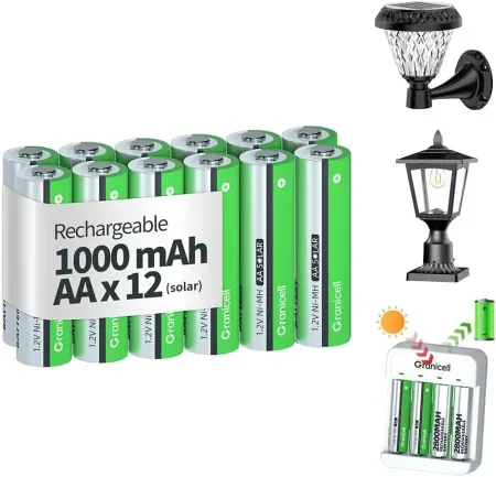 Granicell 12-Pack NiMH Rechargeable AA Batteries for Solar Lights