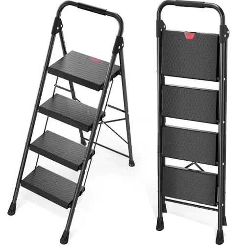 KINGRACK 4-Step Folding Ladder with Handrail 800 lb Capacity