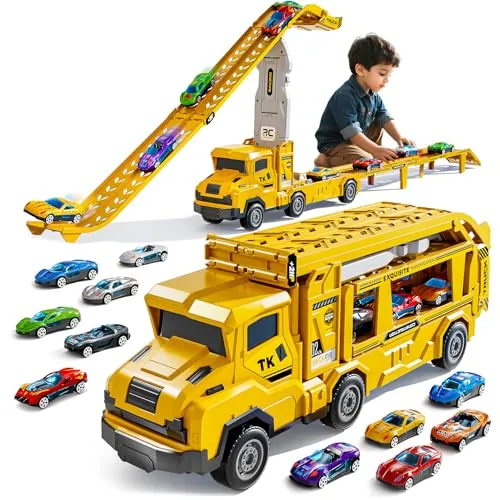 Transport Truck Toy with 12 Die-Cast Cars & Double Race Ramp Track