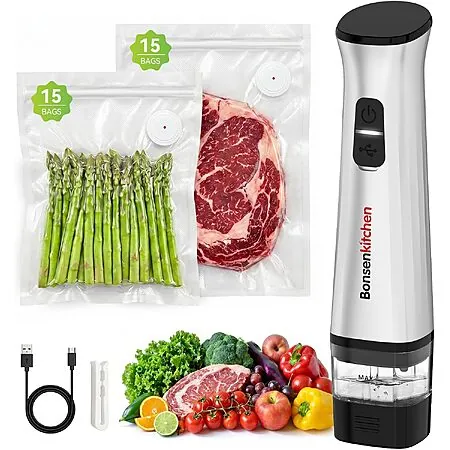 Bonsenkitchen Handheld Vacuum Sealer w/ 30 Reusable Bags & Detachable Water Tank
