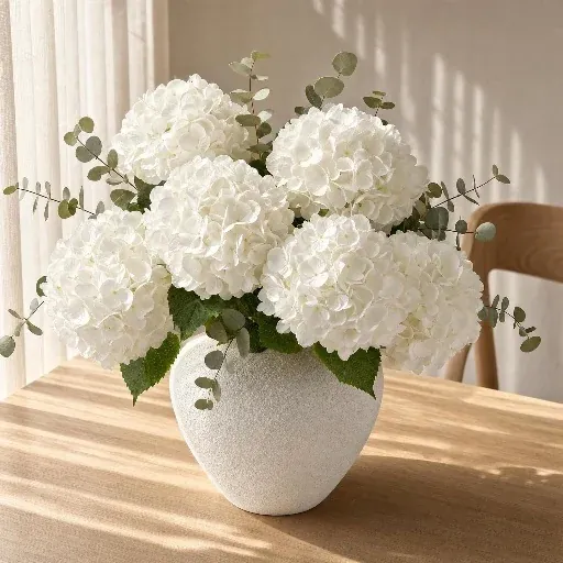 6 Pcs White Hydrangea Artificial Flowers with Eucalyptus
