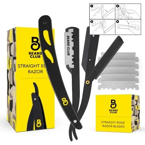 The Beard Club Men's Straight Edge Razor Kit with 5 Replaceable Stainless Steel Blades (Black)