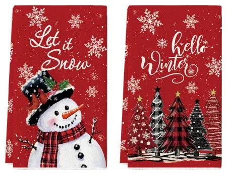 Set of 2 Sm:)e Snowman Let It Snow Xmas Trees Kitchen Dish Towels