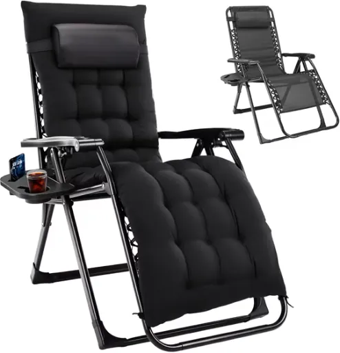 Gianna Zero Gravity Lounge Chair with Adjustable Backrest, Detachable Cushion, Headrest Pillow & Side Tray, Black/Grey
