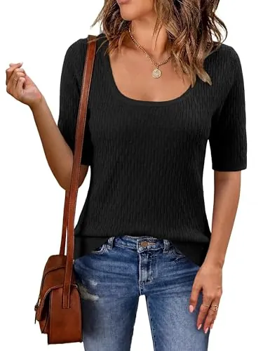Short Sleeve Square Neck Textured Knitted Pullover Sweater