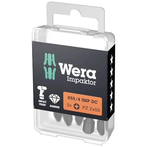 Wera 855/4 Diamond Coated Impaktor Screwdriver Bits for PZ 2 Pozidriv Screws, 5-Pack
