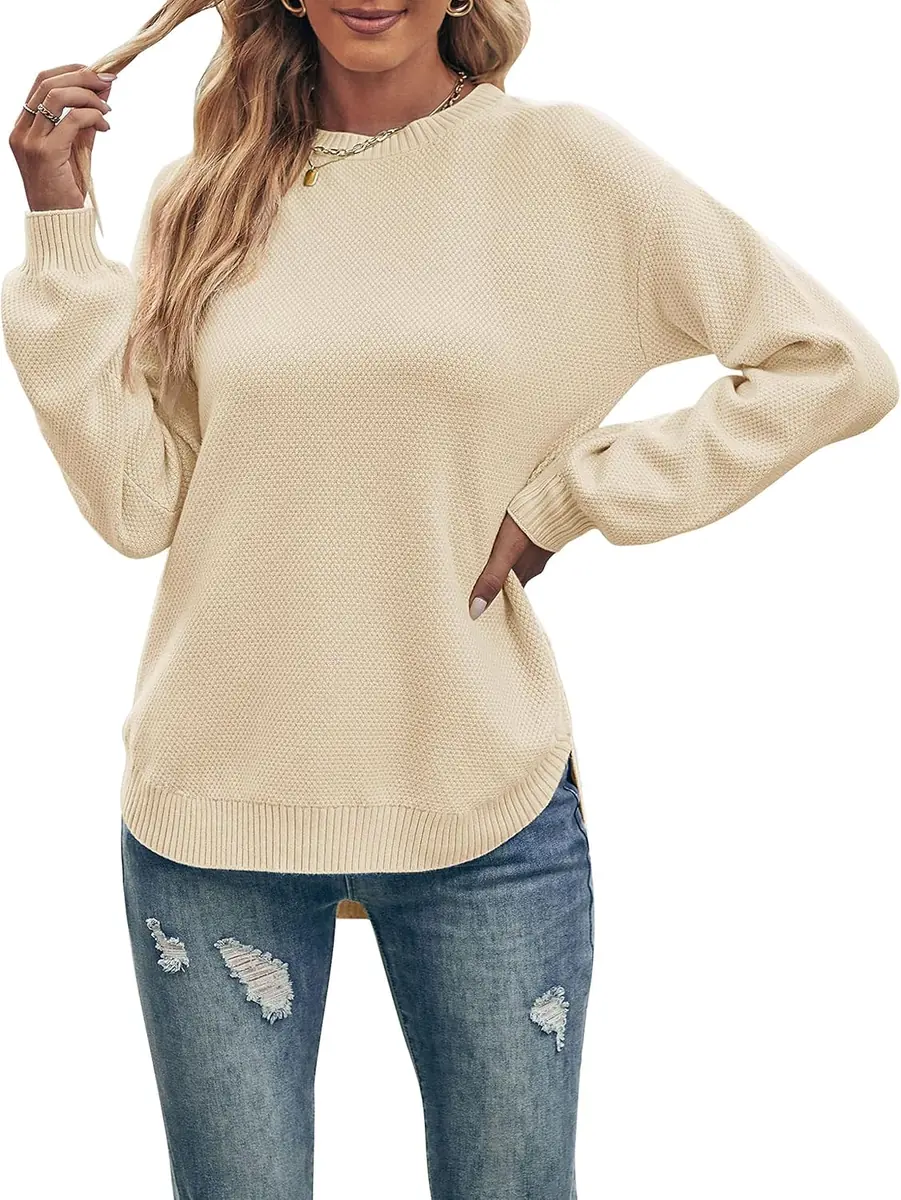 MEROKEETY Waffle Knit Crewneck Sweater
