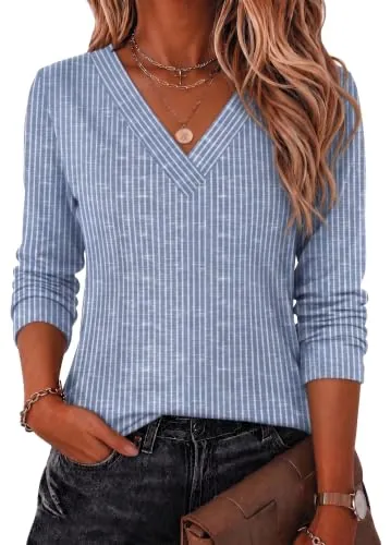 Zeagoo Women's Long Sleeve Blue Striped Shirts Blouses Casual Tops
