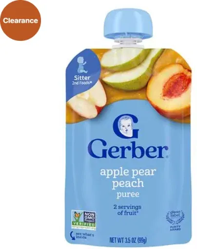 Gerber Toddler Foods Pouch/Puree: Apple Pear Peach, Banana Mango, Pear Peach Strawberry or Banana Blueberry Blackberry