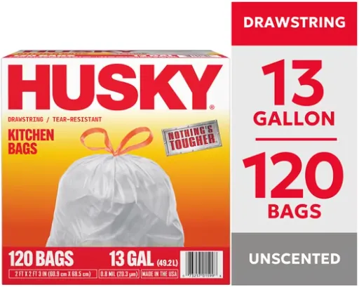 Husky 13 Gallon Tall Kitchen Drawstring Bags, 120 Count