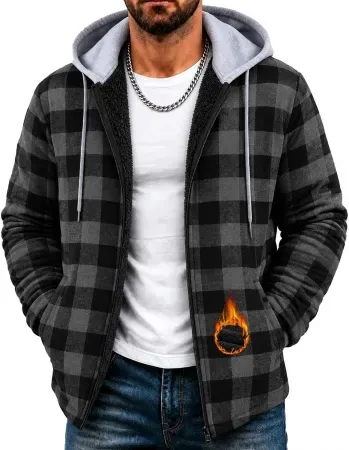 ZITY Flannel Jacket for Men Sherpa Fleece Lined Full-Zip Plaid Hoodie