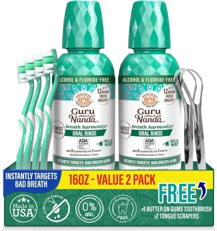 2-Pack 16oz GuruNanda Mouthwash w/ 4 Toothbrushes & 2 Tongue Scrapers