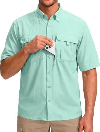 BETBO Men's Short Sleeves Button Down Fishing Shirt w/ Zipper Pockets
