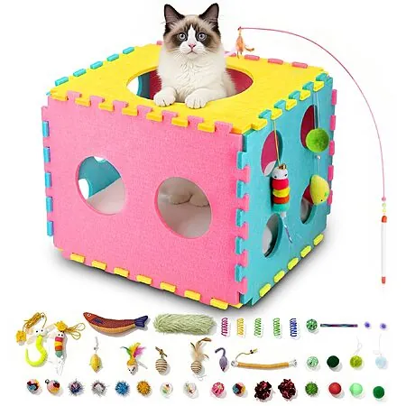 Prime Members: 17" MOYMO Cat Dice House w/ Soft Pillow & 41-Pcs Interactive Toys