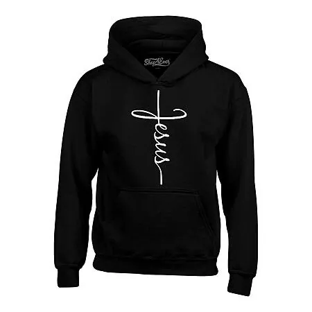 Shop4Ever Jesus Cross Letter Print Pullover Hoodie (Black)