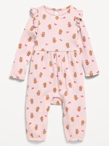 Printed Long-Sleeve Ribbed Ruffle-Trim Jumpsuit for Baby