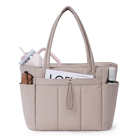 15.7" Wandering Nature Puffy Quilted Tote Bag w/ 15.6" Laptop Compartment (Beige)