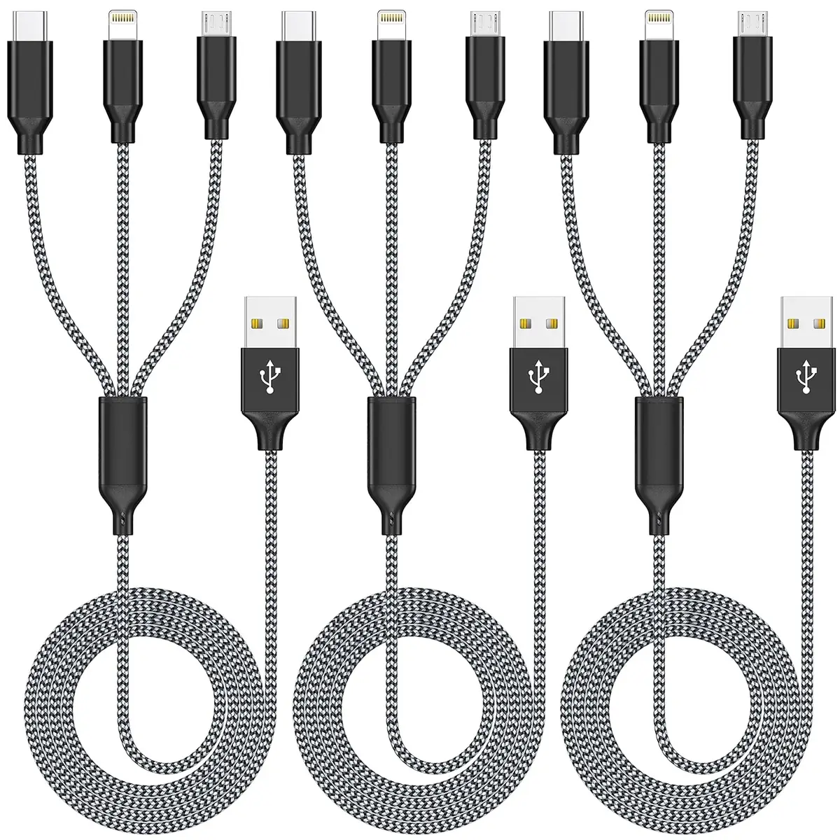 USB to USB-C Lightning and microUSB Cable 3 Pack